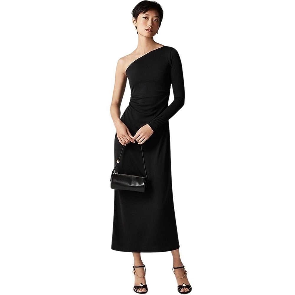 J.Crew Black One-Shoulder Ruched Midi Dress NWT Small Stretch Cocktail